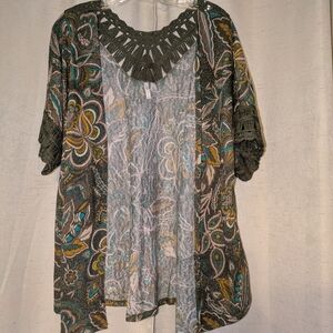 Cato Green Multicolor Paisley Blouse with Crochet Detail